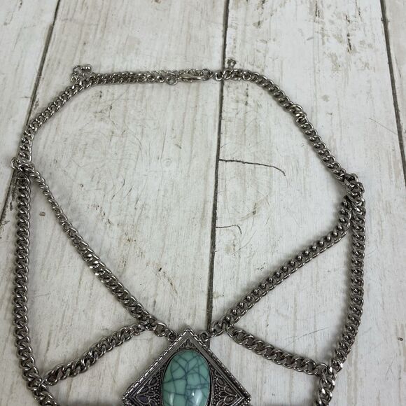 Bohemian Silver Tone Chain Necklace Turquoise & Red Stones Adjustable Length - Picture 4 of 10